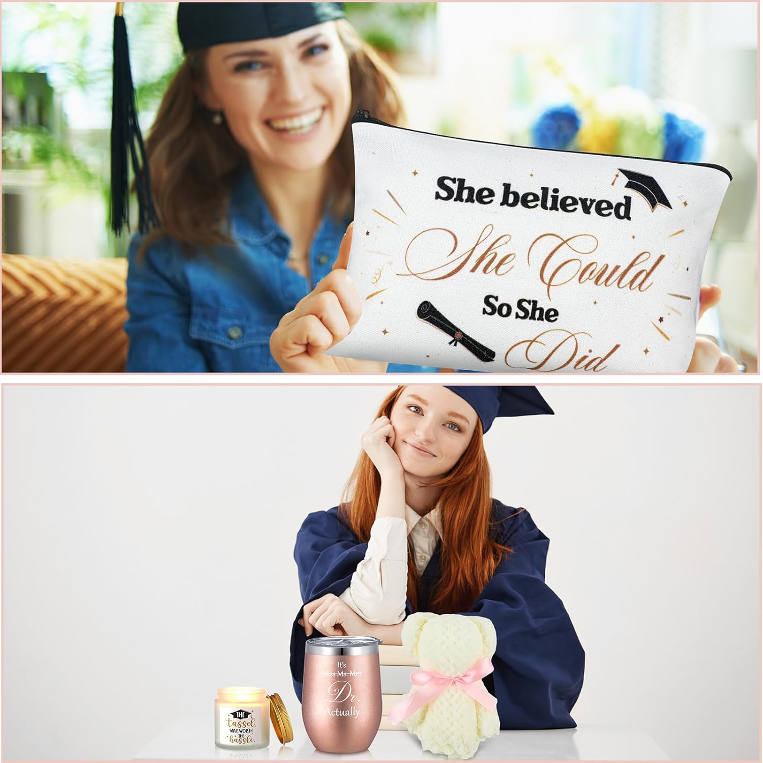 Jingmore 8 Pcs Graduation Gift Set for Women, Including Tumbler, Makeup Bag, Soy Candle, Keychain, Bear Towel, Greeting Card and Gift Box, Graduation Presents for Her (PhD)