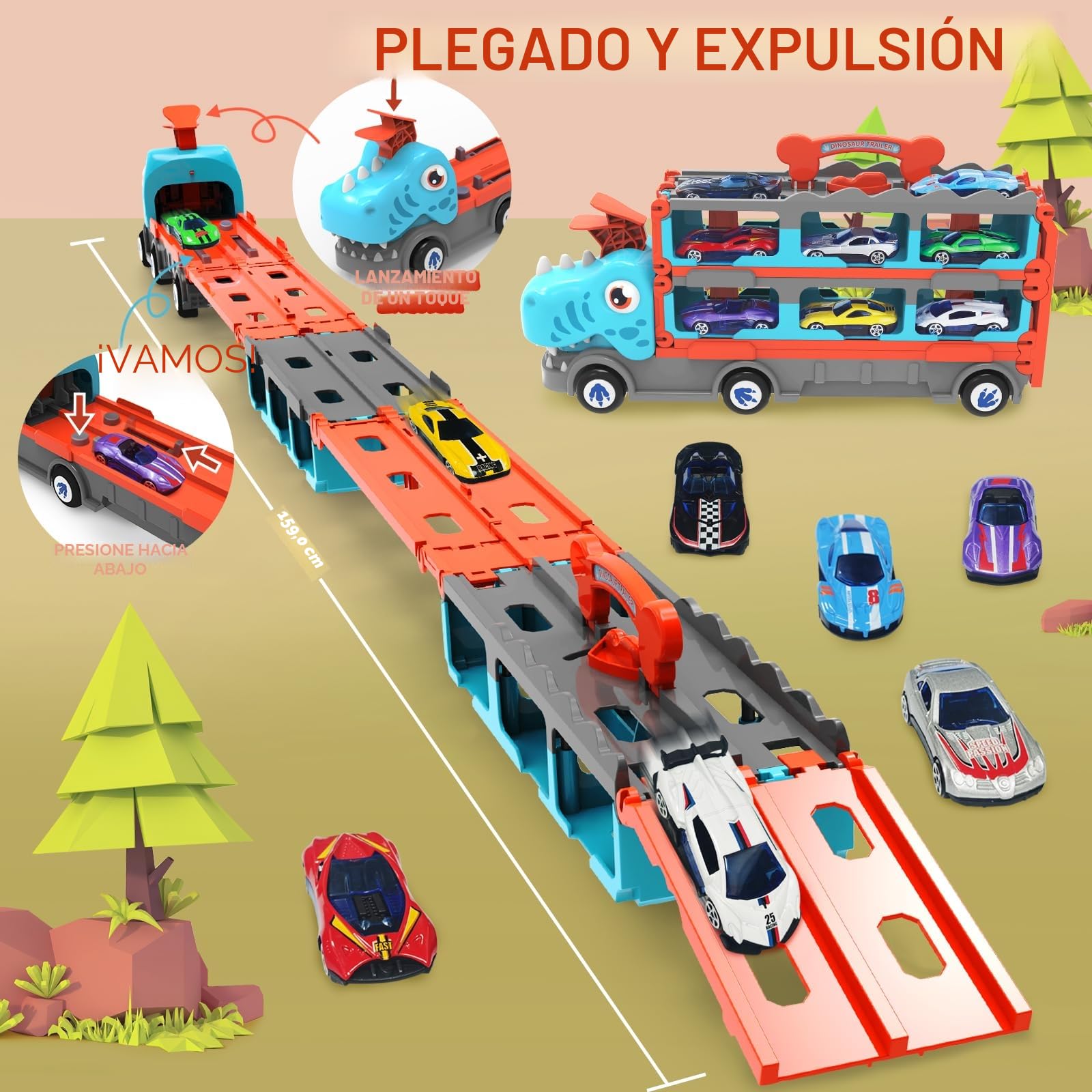 Camión Transportador De Dinosaurios Con 8 Coches De Carrera – Juguete De Lanzamiento Por Botón Para Niños De 3 A 8 Años