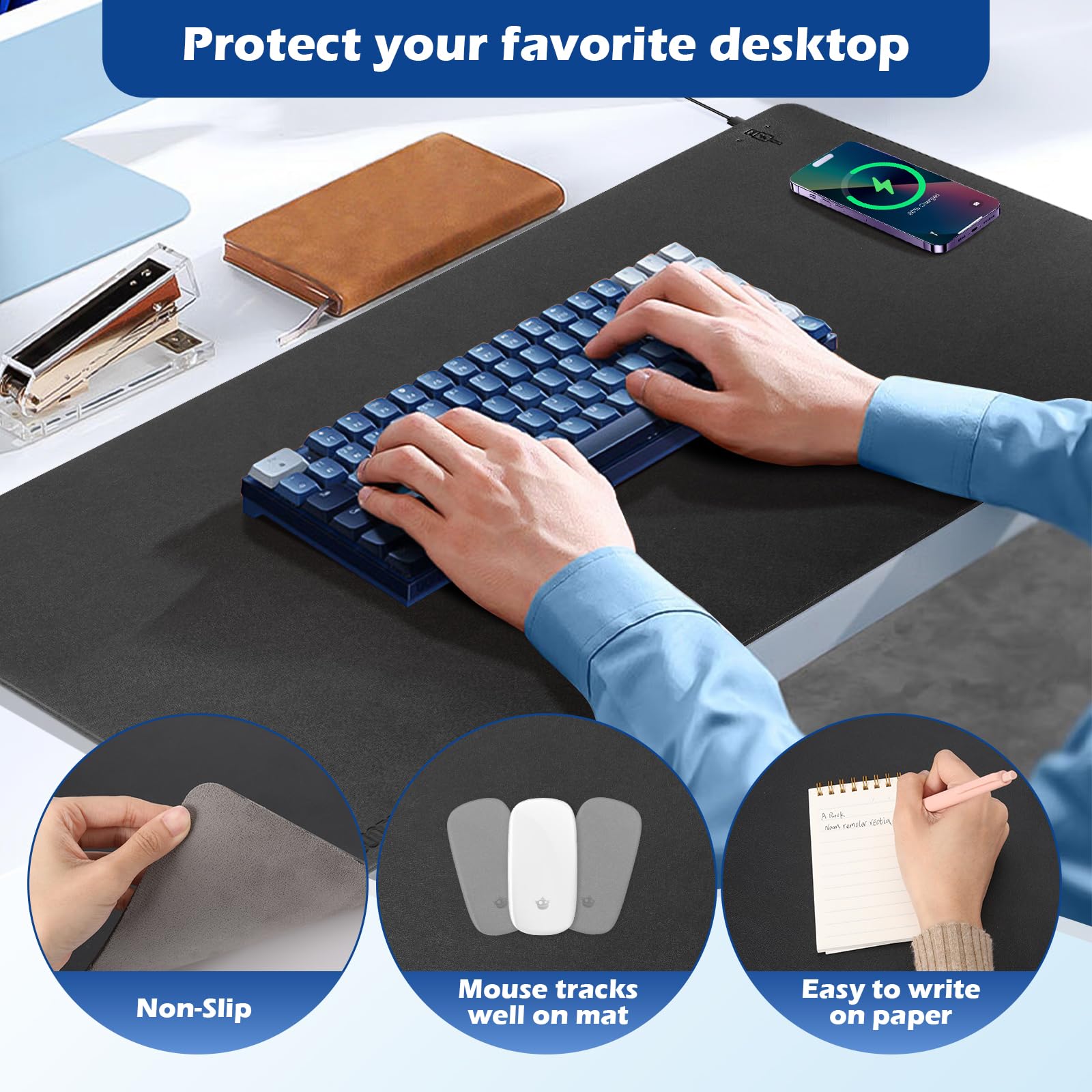 Tappetino da scrivania con ricarica wireless, tappetino per mouse grande, impermeabile, in pelle, antiscivolo, per tastiera e mouse (colore: nero, 81 x 40 cm)