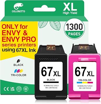 COLORETTO 67XL Ink for HP Envy 6055e Ink Cartridges for HP Envy Pro 6000 6455e 6458e 6452e 6052e 6065e 6020e 6022 6022e 6050 6050e 6052 Black/Color Combo Pack Replacement for hp 67xl