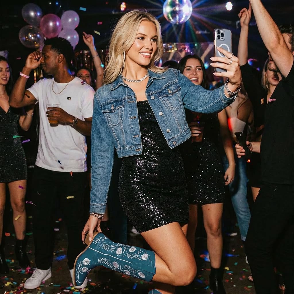 Women’s Wide Calf Turquoise Embroidered Cowgirl Boots – Plus Size Western Knee High Boots with Floral Stitching, Pull On Style and Low Block Heel