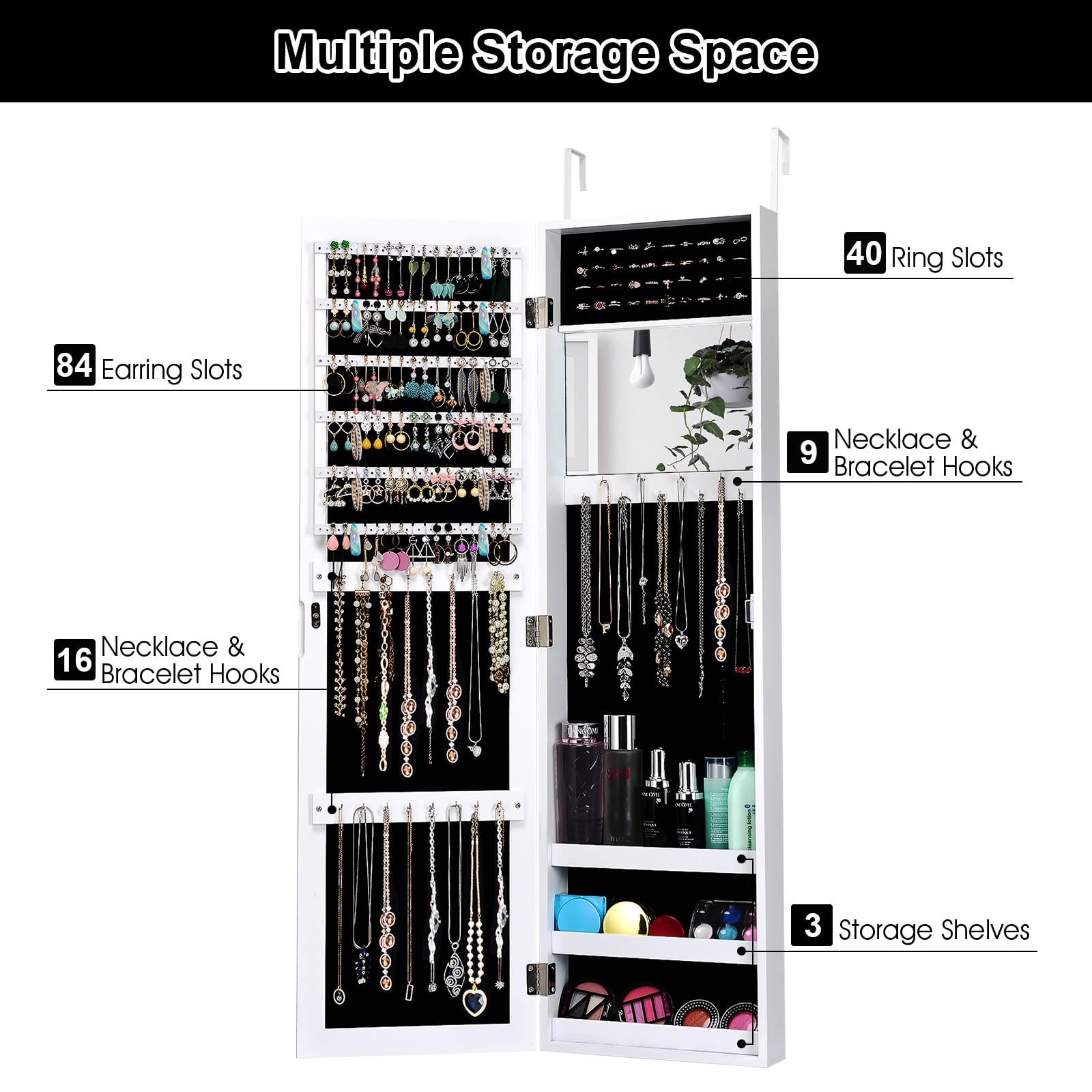HOMASIS Schmuckschrank mit 2 Spiegeln für Wand & Tür, Spiegelschrank mit Regal, Schmuckregal mit Kettenhaken & Ringverschluss, Schmuckkasten Schmuck-Organizer aus Holz, Weiß (Weiß)