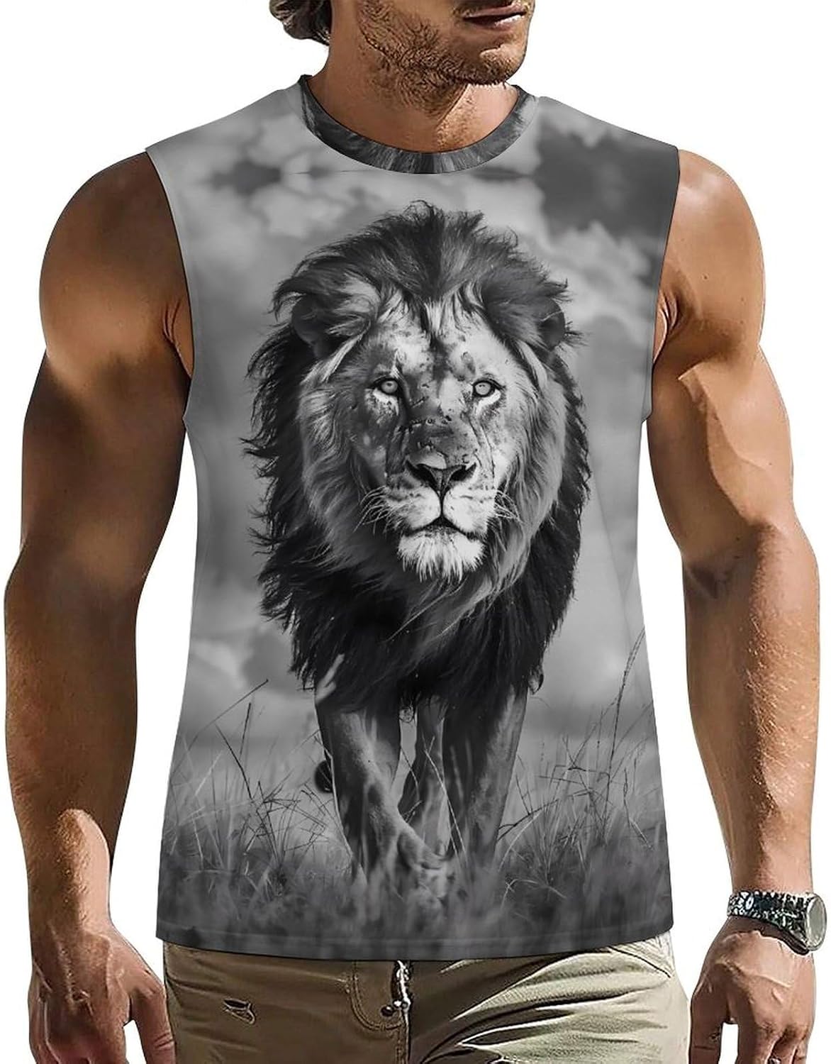 Lion Walking Men Summer Sleeveless Crew Neck Top 5XL