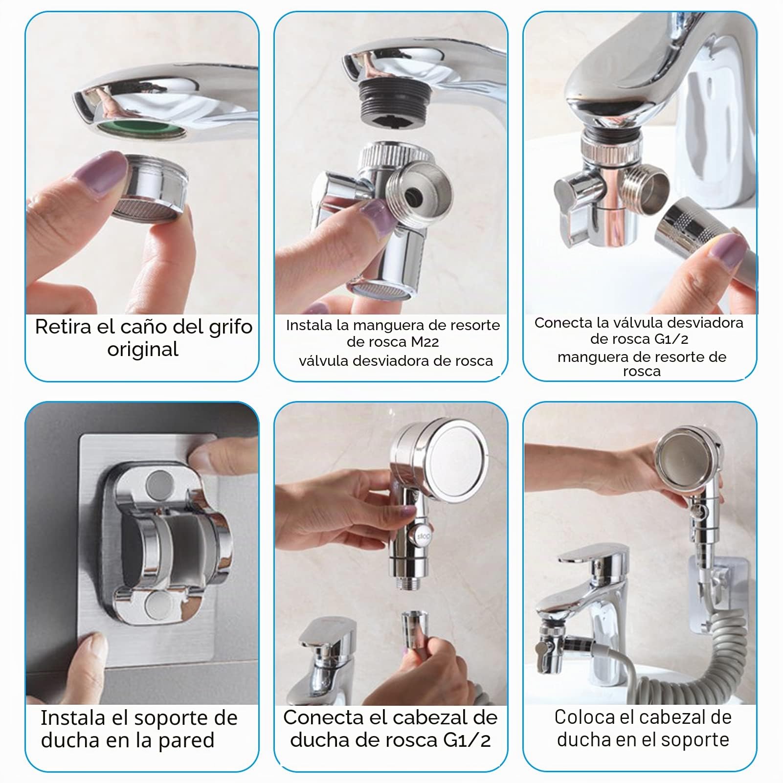Juego de Ducha para Lavabo, 3 Modos Alcachofa Ducha de Mano con Manguera de 3M con Sorporte y Desviador M22-M24, M22-G1/2, Cabezal de Fregadero para Baño y Cocina, Gris (Grifo no Incluido)