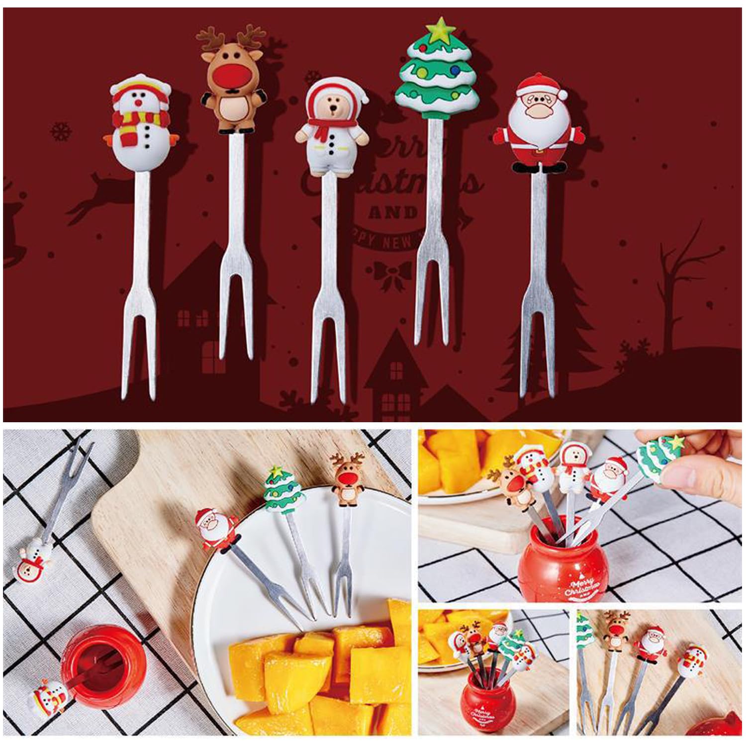 5 Pcs Christmas Fruit Fork with Ceramic Jar Holder Mini Stainless Steel Salad Fork Cartoon Santa Claus Xmas Tree Fruit Picks Cake Dessert Food Picks — Amazon image 6