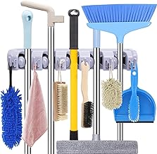 Mop and Broom Holder, Upgraded with Effective Strong Holding 5 Slot Position with 6 Hooks Garage Storage Tools Wall Mounted, Organize Ideas, Standard Size