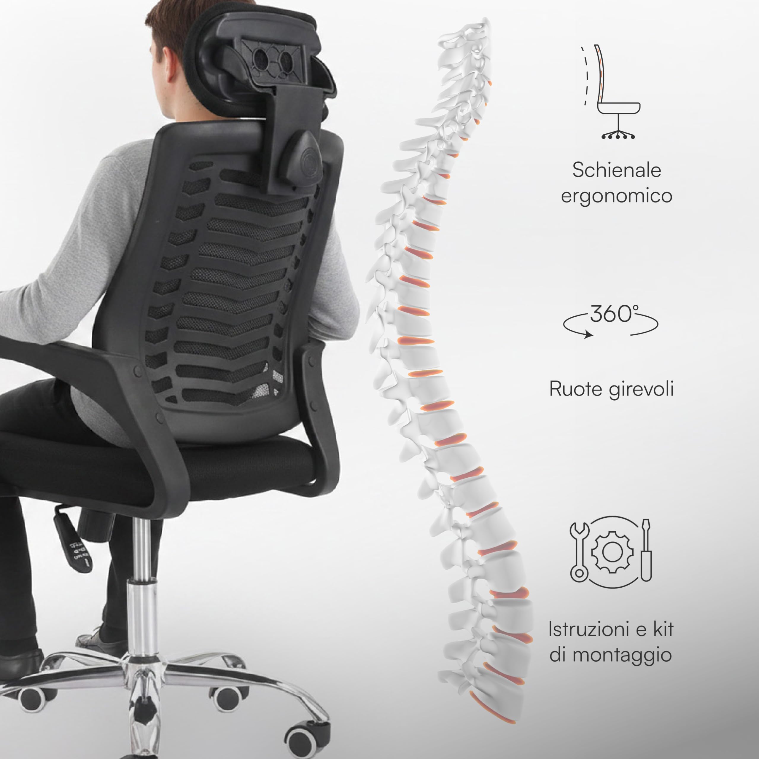 Baroni Home Sedia da Ufficio Ergonomica con Schienale Alto, Braccioli e Altezza Regolabile, Poggiatesta, Poltrona da Scrivania Girevole 360°, Seduta per Studio e Ufficio