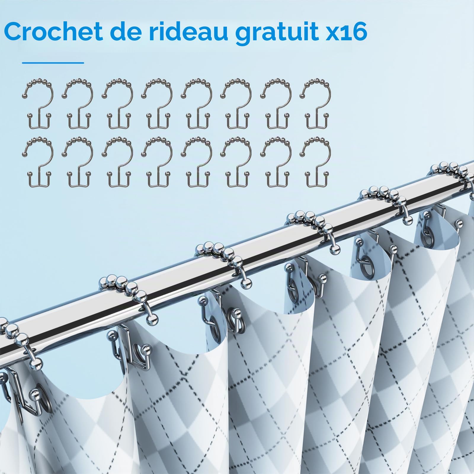 KULACO Barre de douche en forme de L, 100-120x100-190cm | barre de douche réglable en acier inoxydable SUS304, tringle pour rideau de douche de coin, avec 16 anneaux pour rideau