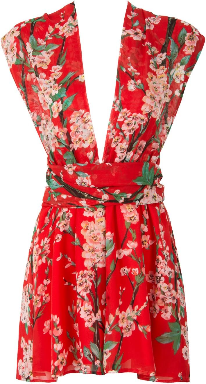 Choies Women's Chiffon Deep V Neck Floral Back Cross Tie Waist Playsuit