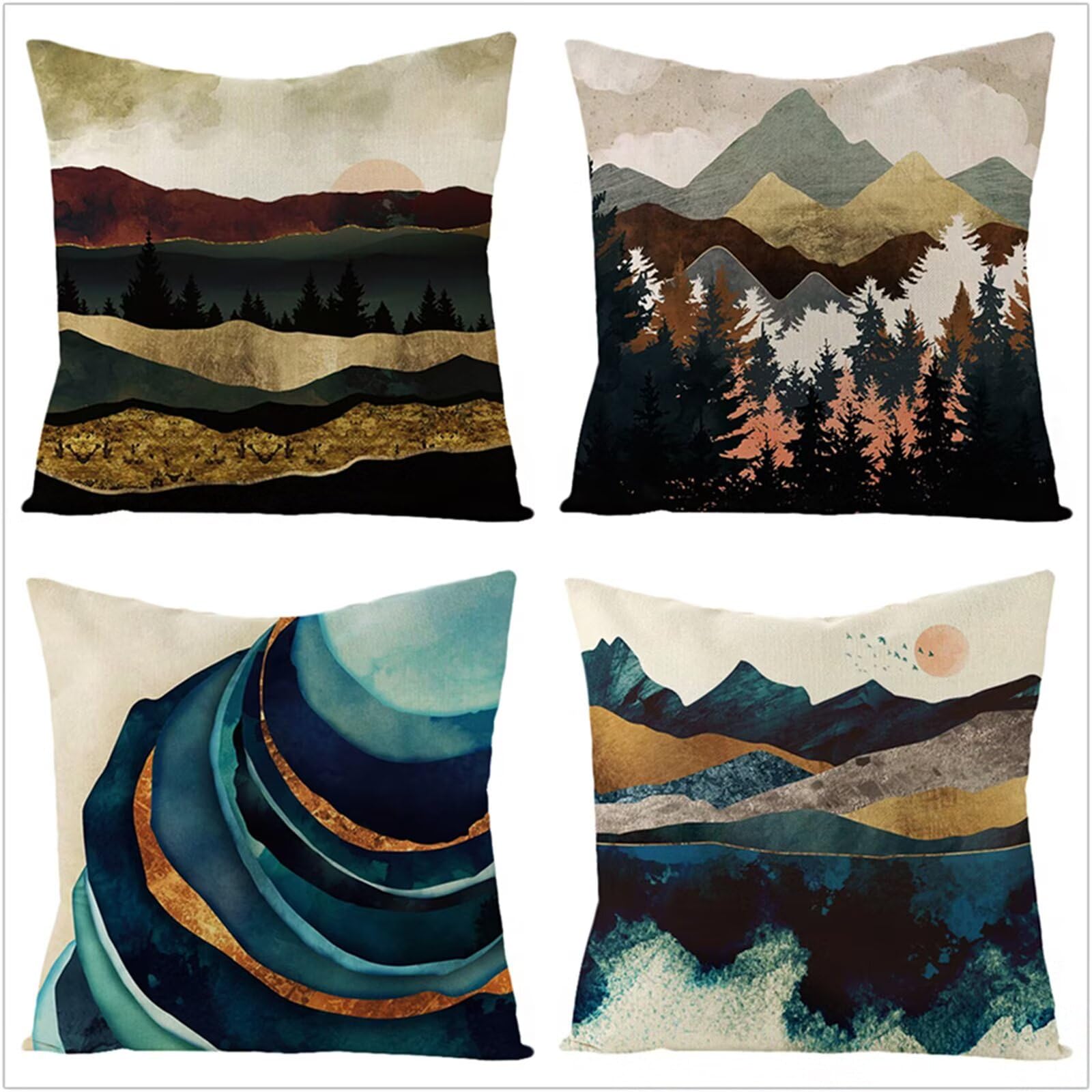 Fundas Cojines 65x65cm,Funda Cojin Modernas Juego de 4 Funda de Almohada Elegantes Decorativa para Sofá Coche Cama Sillas Montaña Azul Dorada