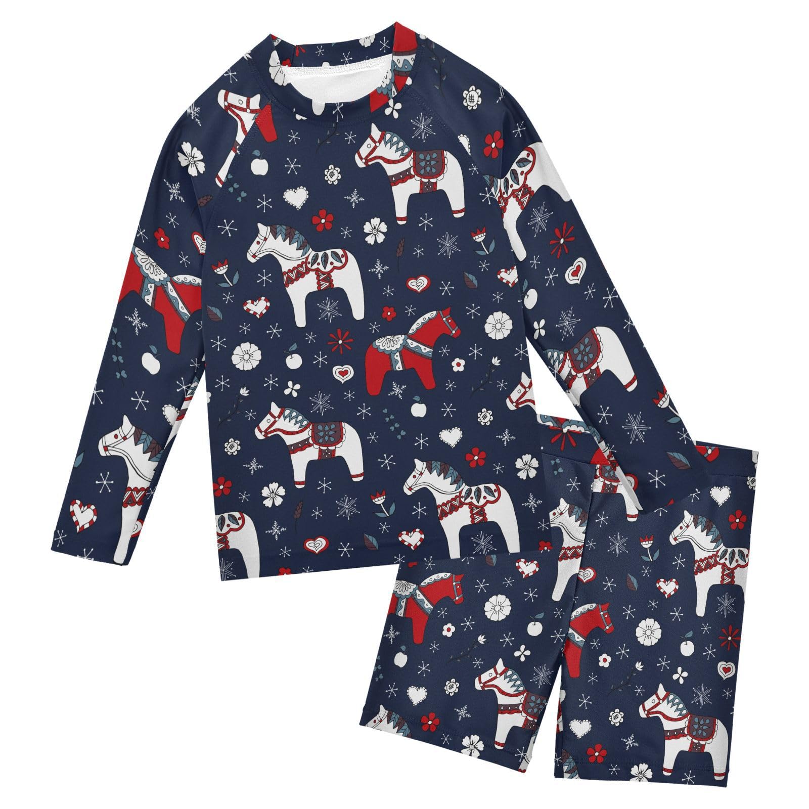 Aflyko Boys Girls Rash Guard Set Swedish Dala Horse Snowflake Flower Swim Outfit Pollover Bathing Suit Fishing Sun Shirt Quick Dry Swimming Surfing Shorts, 9-10T