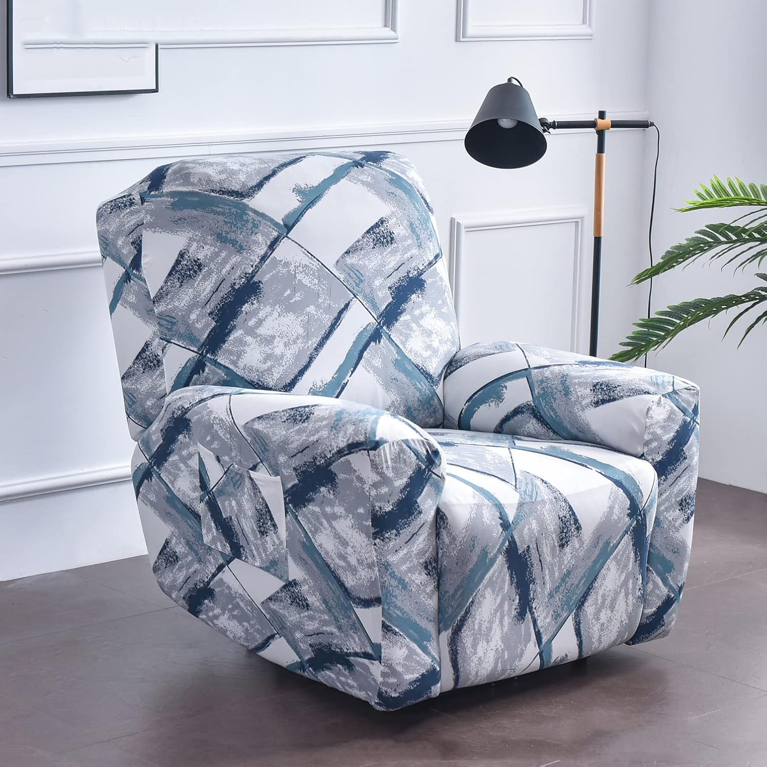 Recliner Cover, Printed 4-Pieces Recliner Slipcover Patterned Reclining Chair Furniture Cover with Side Pocket Recliner Couch Cover for Pets Kids Children Dog -G
