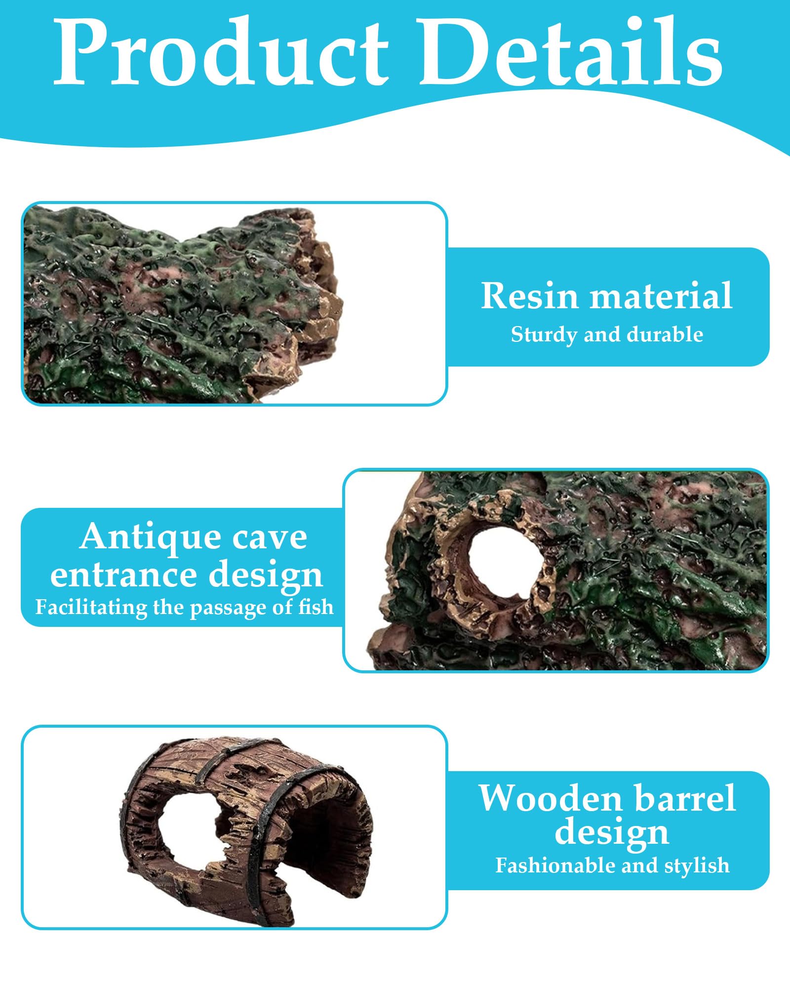 6 Piezas Decoración para Acuario con Cueva y Barril, Tronco Hueco Decorativo de Poliresina, Cueva de Resina, Decoración de Paisaje para Escondite de Reptiles y Hábitat de Peces Betta — view 4