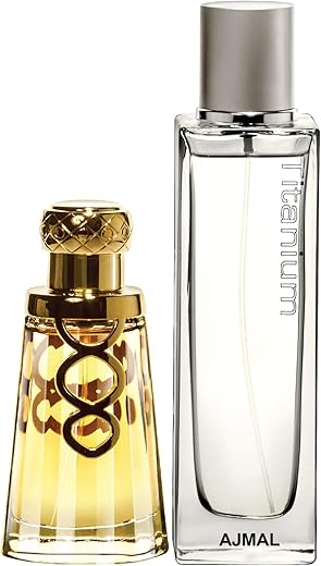 Ajmal Khallab EDP Woody Oudh Perfume 50ml for Unisex and Titanium EDP Citrus Spicy Perfume 100ml for Men + 2 Parfum Testers FREE, Pack of 2, Khallab_Titanium_EDP