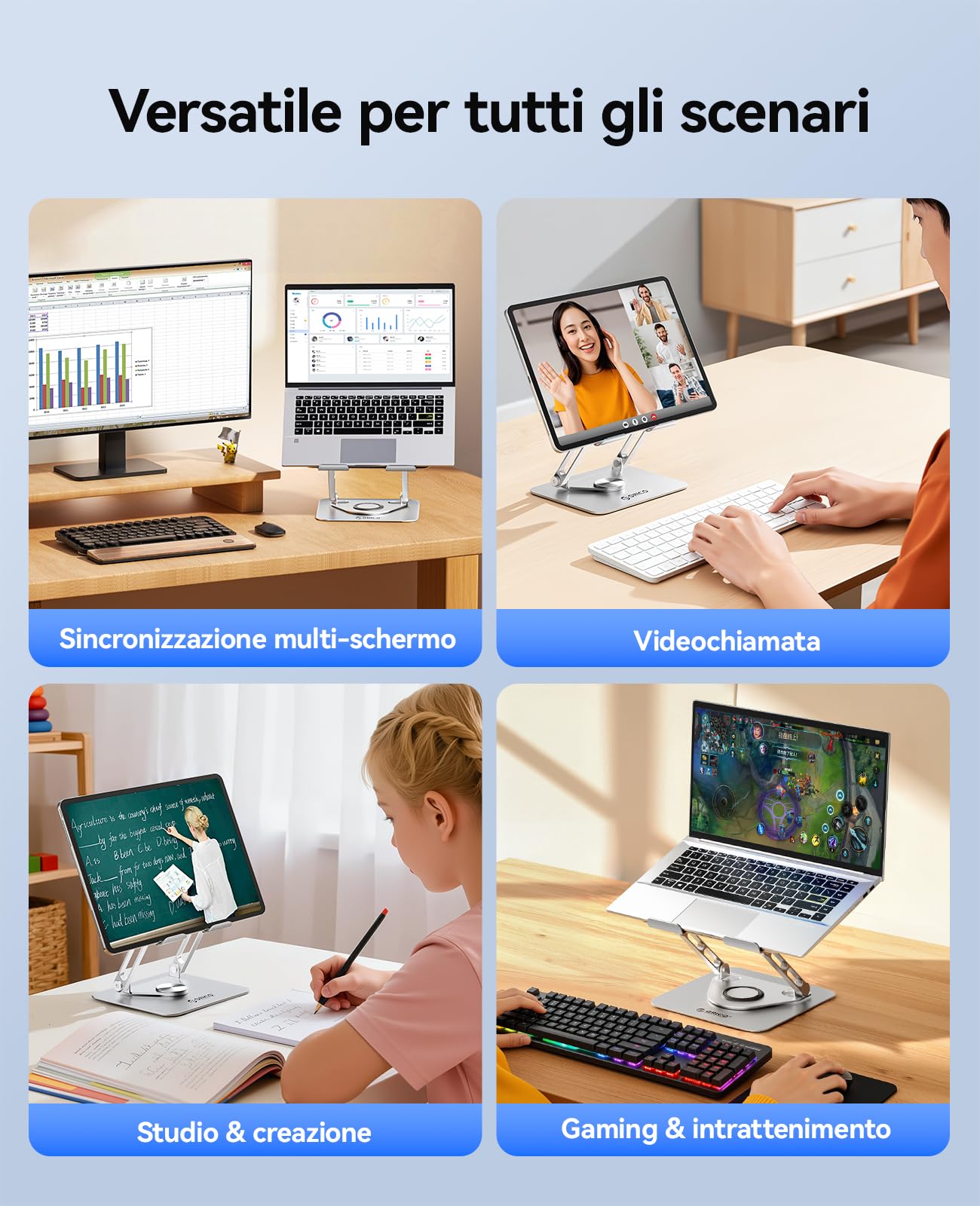ORICO Supporto PC Portatile Ergonomico, Laptop Stand Regolabile 360° con Base Girevole, Supporto in Alluminio con Fori, per Scrivania, Compatibile con Notebook e Tablet 11-17", Argento ST12