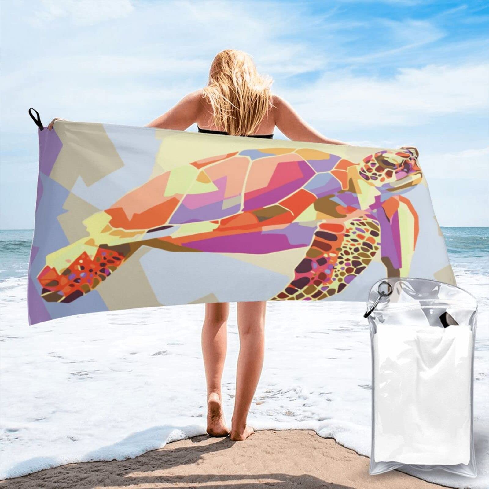 Lawenp Color Painting Turtle Microfiber Beach Towel Adults Large Quick Drying Bath Towel Travel Towels with Pouch 31.5"x63"