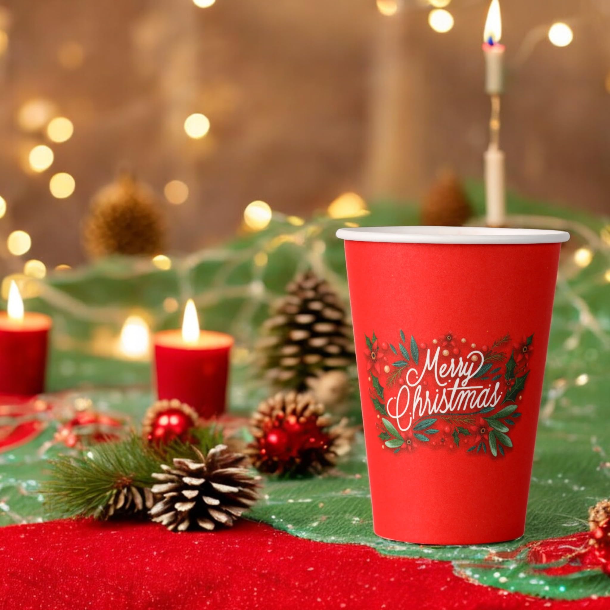 Mecup Vasos de Papel Navideños, Vasos Desechables Biodegradables, 800 Piezas, Taza de Café Navideña de 200 ml, Desechables, Para Bebidas Calientes y Frías, Diseño Navideño. Diseño: Merry Christmas