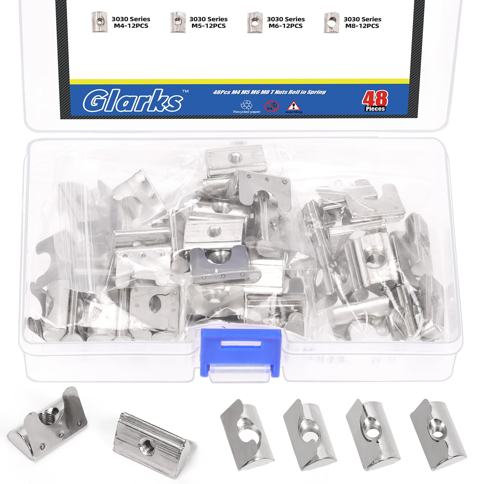 Glarks 48pcs M4/M5/M6/M8 30 SeriesT Nuts Roll in Spring Kit, Carbon Steel T Nut with Springs Sheet, Silver Spring T Nut