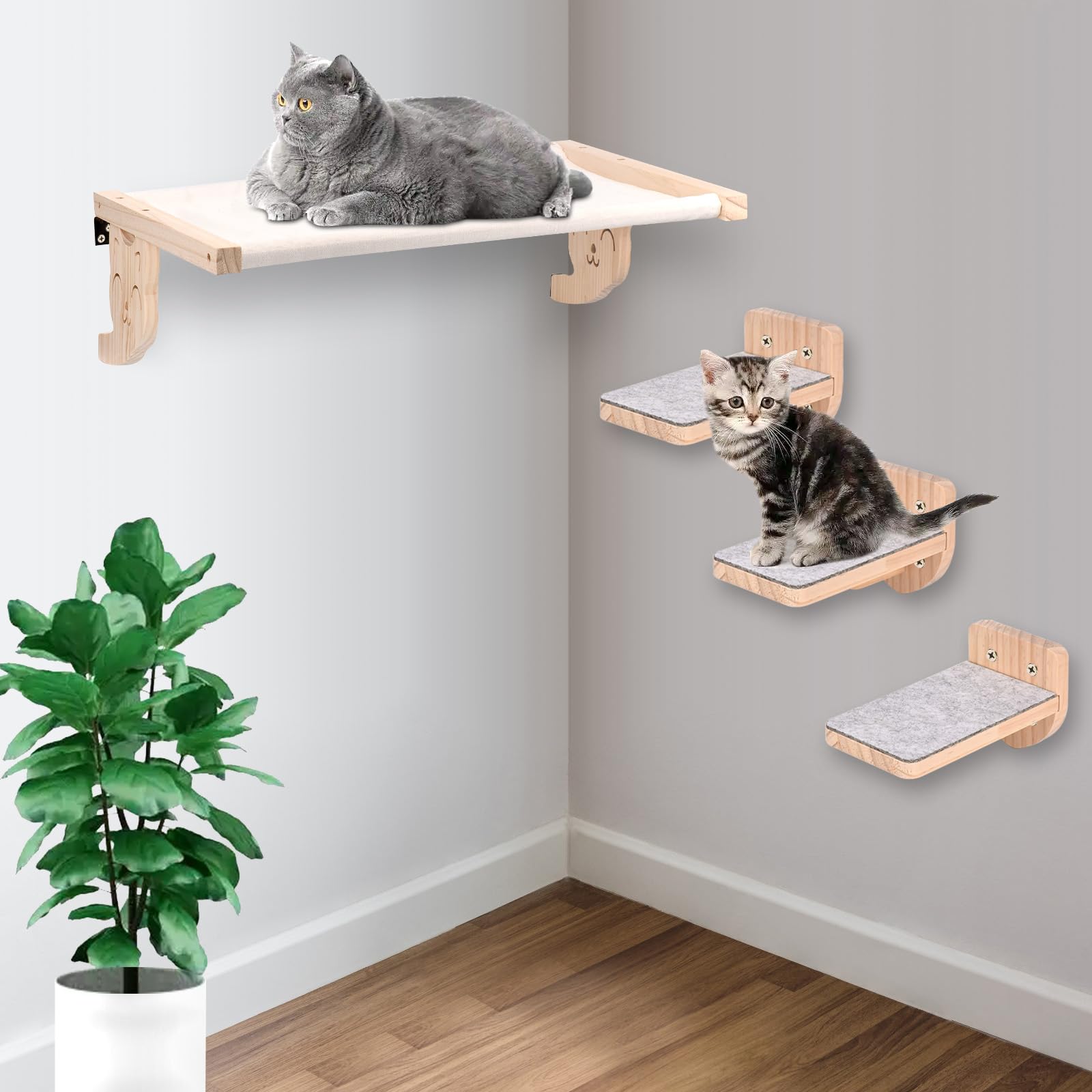 Hamaca para gatos montada en la pared, muebles de madera para gatos, estantes y barras de asiento, plataforma para dormir y jugar