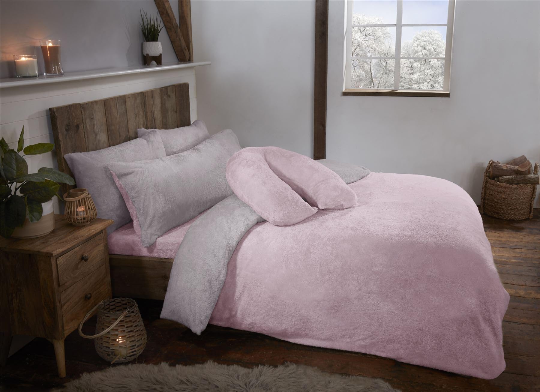 Littens Luxury Blush Pink & Silver Grey Reversible Teddy Fleece Fur Soft Cosy Double Bed Size Duvet Quilt Cover Set Including Pillowcases, Thermal Warm, Energy Efficient (200cm x 200cm) โ image 1