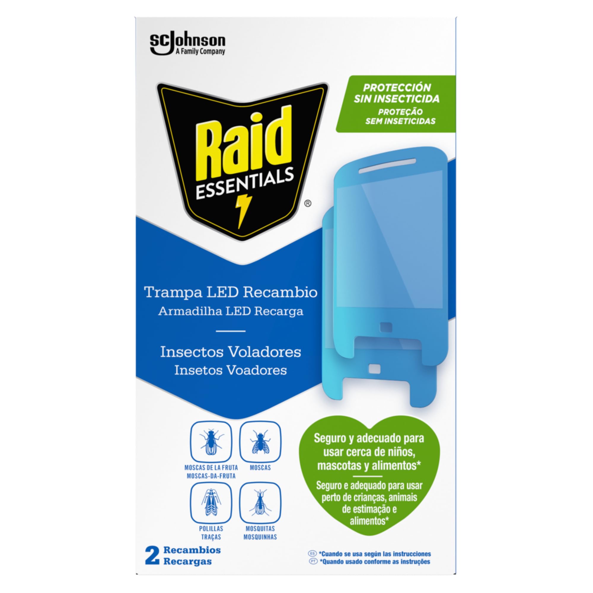 Raid Essentials 2 x Recambio para Trampa LED Antimoscas, Antimoscas de Fruta y Antipolillas, Sin Insecticida, Protección 24/7 contra Insectos Voladores, para Uso Interior, Paquete de 2.