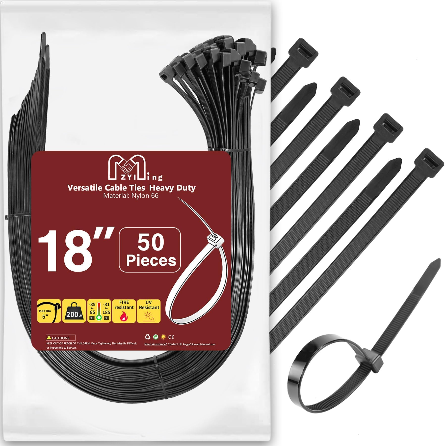 18" Zip Ties 200Lbs Strength Heavy Duty Cable Ties Plastic Tie Wraps Black