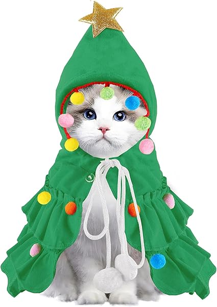 Cat Christmas Outfit Green Pet Cloak with Hat with Star and Pompoms Puppy Cape Clothes Xmas Tree Elf Costumes Party Pet Supplies Accessories for Small Dogs Cats Pet Santa Presents