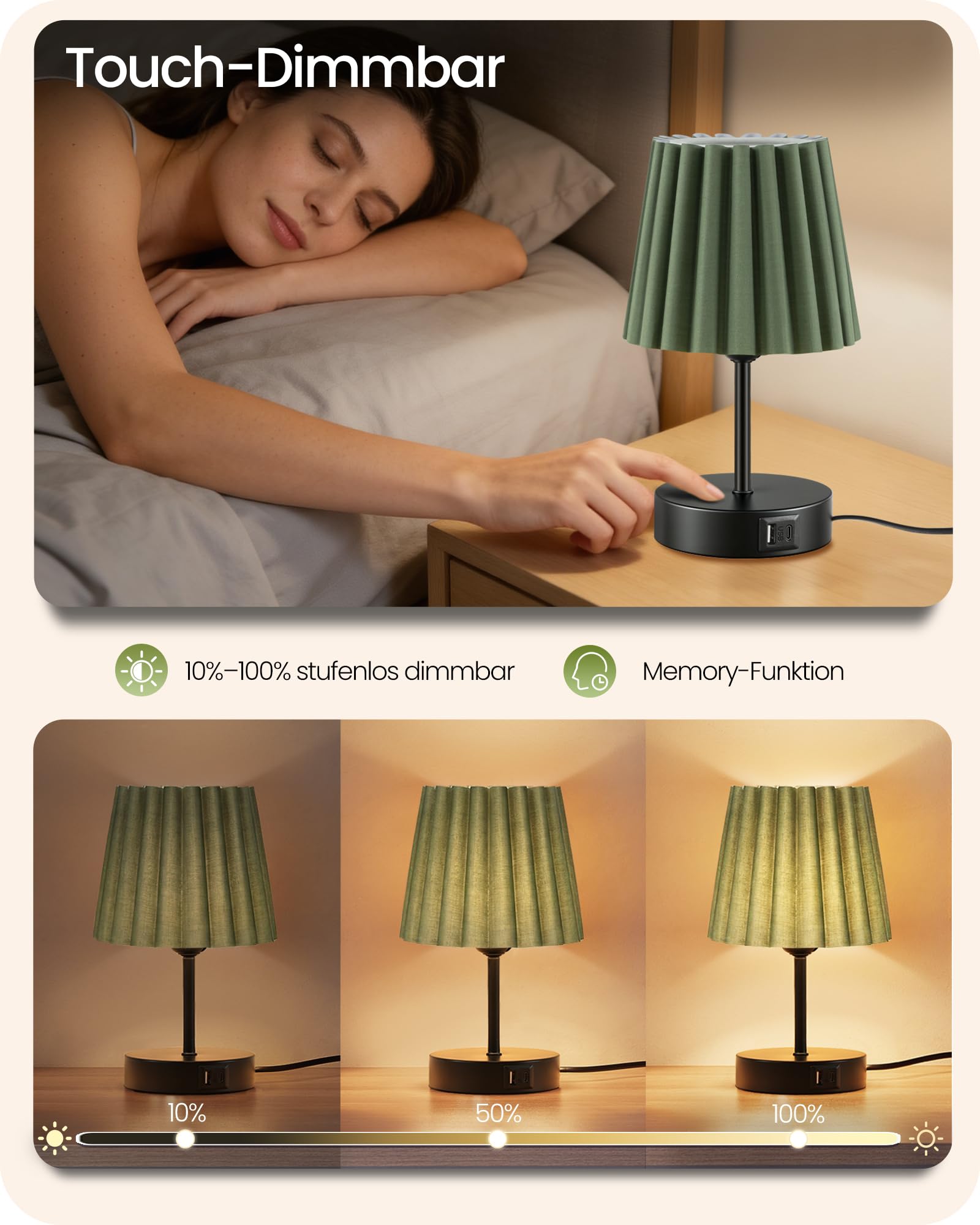 Nachttischlampen 2er Set Touch Dimmbar mit USB Ladefunktion