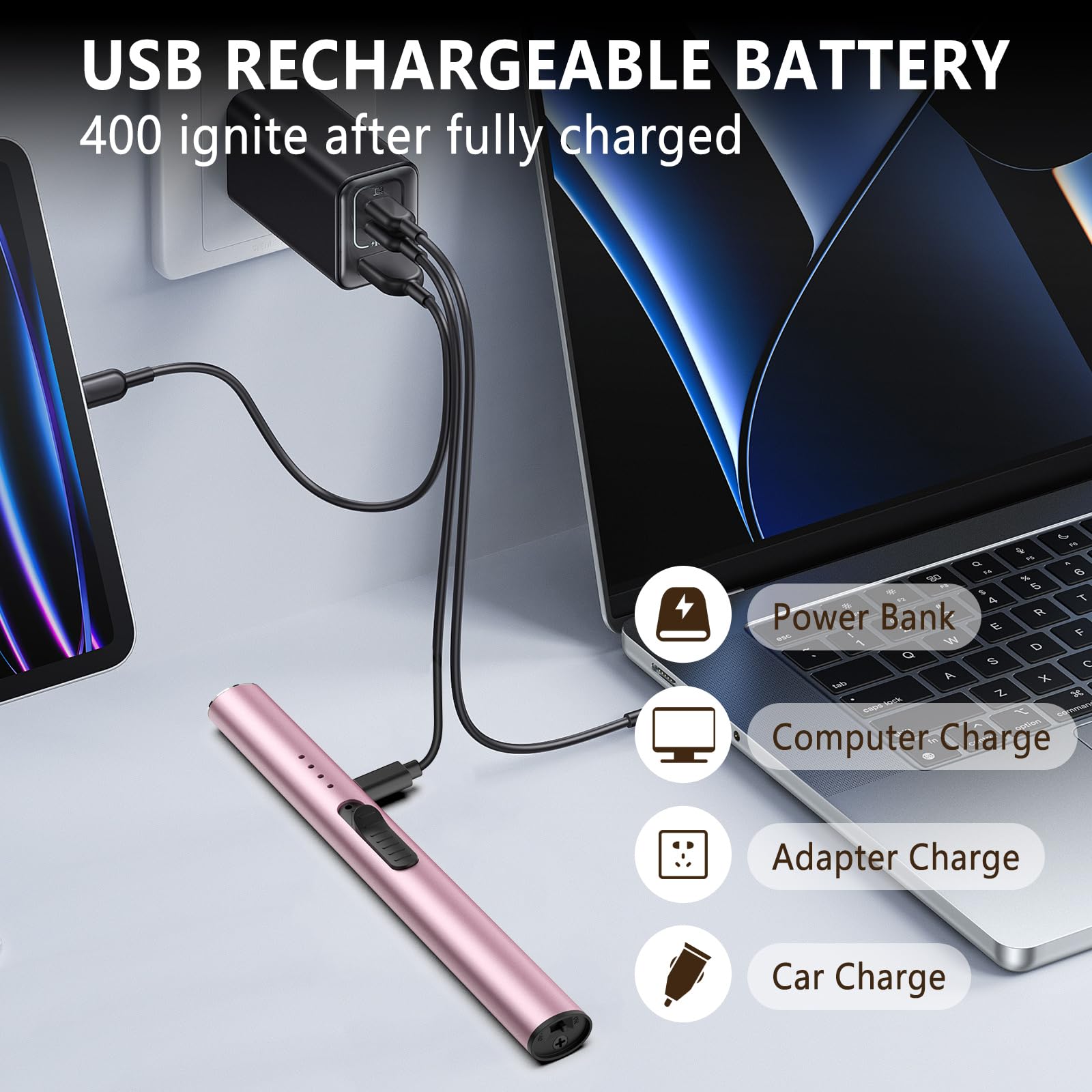 GeeRic Encendedor Eléctrico USB Recargable Arco LED Mechero de Velas Cocina Gas Chimenea Barbacoa Camping Rosa