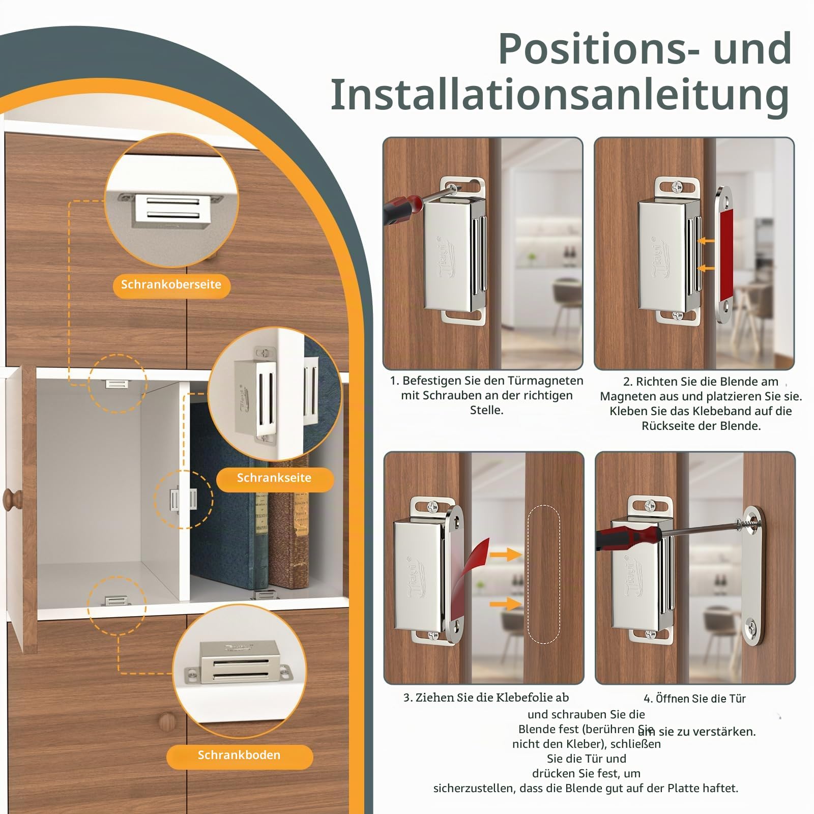 Magnetschnäpper Jiayi 6 Stück Tür Magnete für Schranktüren Magnetverschluss Schrank Magnete Türmagnete für Möbel Edelstahl Schubladen Magnet Türschließer Möbelmagnete Türmagnet Selbstklebend