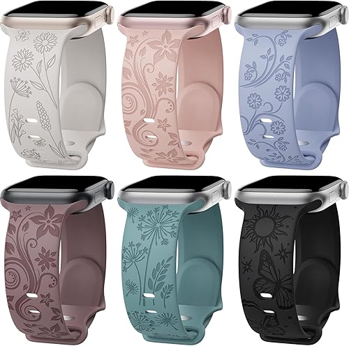 Paquete de 6 correas con grabado floral compatibles con Apple Watch Band de 1.575 pulgadas, 1.614 pulgadas, 1.496 pulgadas, 1.654 pulgadas, 1.732
