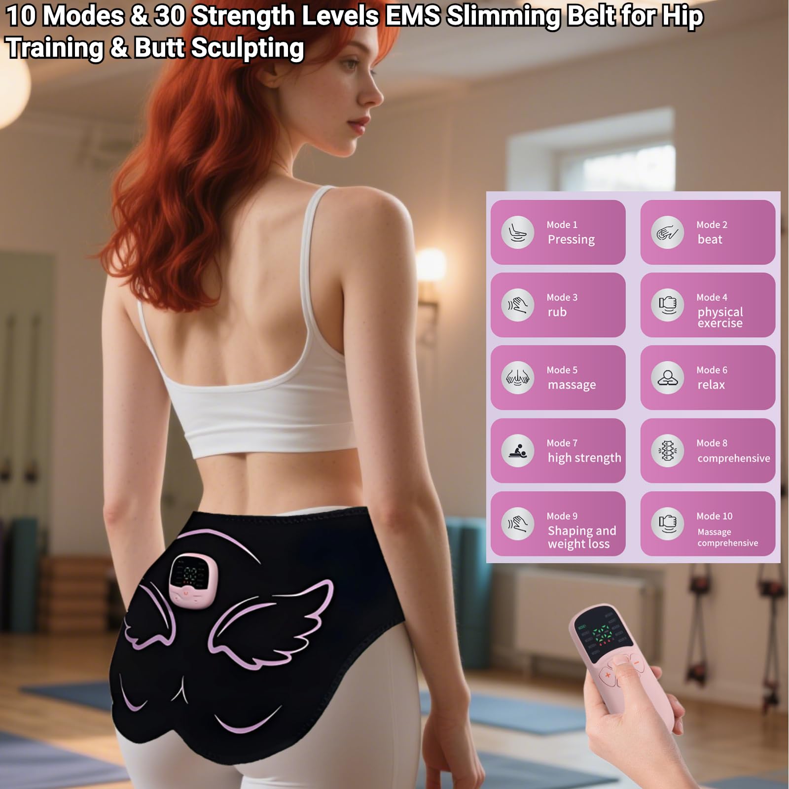 Entrenador de Cadera EMS Levantar Glúteos,30 Niveles de Intensidad,10 Modos,Masajeador Glúteos USB Estimulador ABS para Moldear el Cuerpo,Control Remoto Inalámbrico,Cinturón Extensible