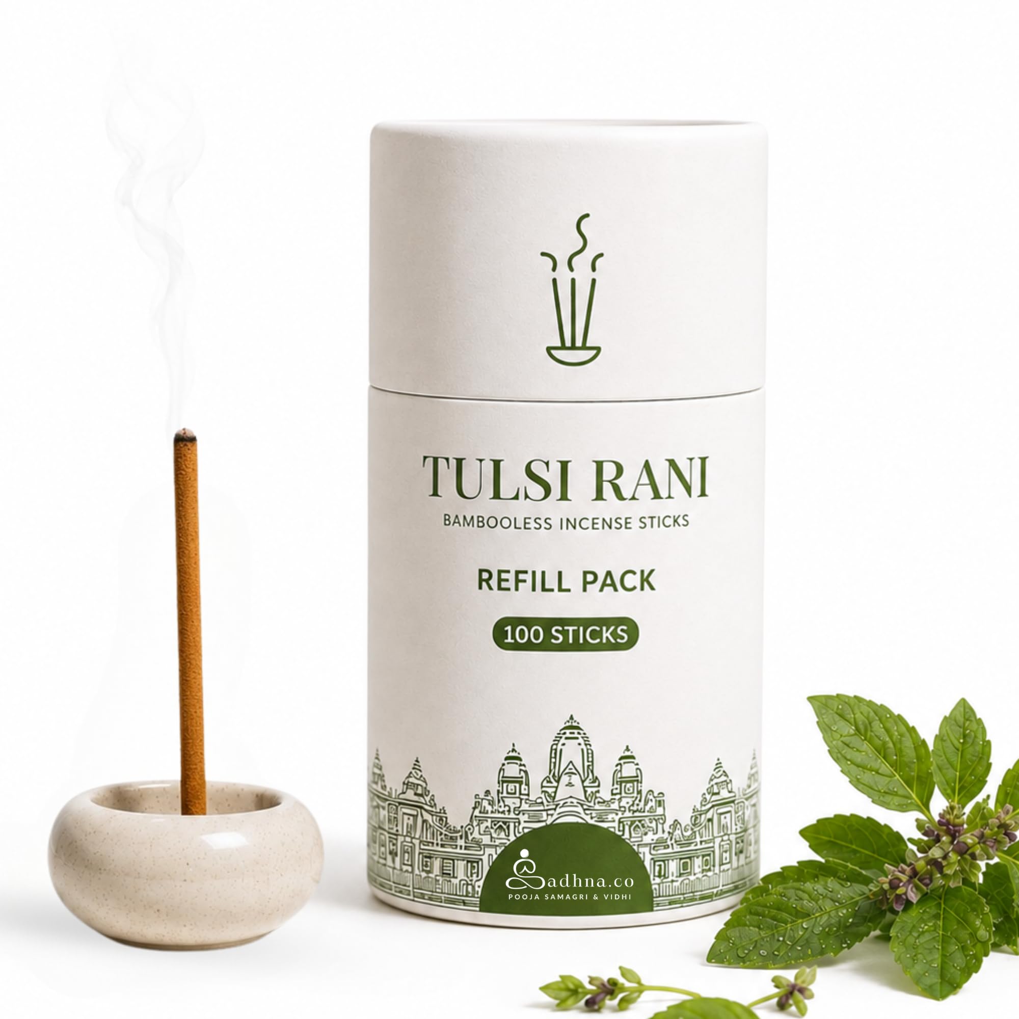 Sadhna.co Tulsi Refill Pack -100 Bambooless Incense Sticks | Natural Agarbatti for Pooja, Meditation & Relaxation | Long-Lasting Fragrance (Tulsi)