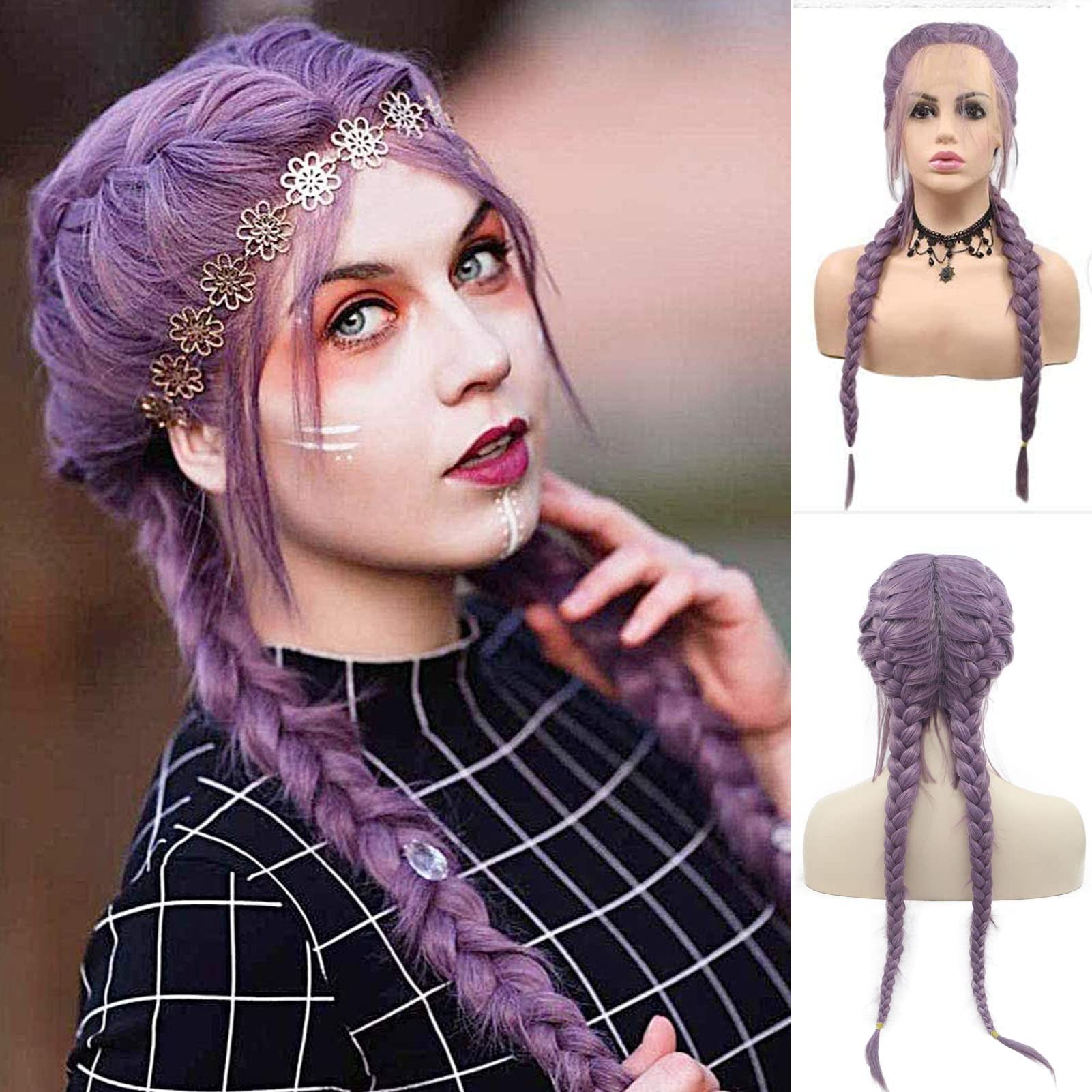 Purple Double Braid Wig Long Micro Twist Braided Wigs for Women Realistic Lace Front Glueless French Pre Braid Lace Wig with Baby Hair Synthetic Heat Resistant Hair Cosplay Daily Drag 22Inch - Image 2