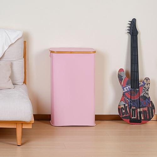 Miniatura 6 de iEGrow Cesta de lavandería delgada de 60 litros, cesta estrecha con tapa, cesta de ropa plegable con asas de bambú, cesta con bolsa interior