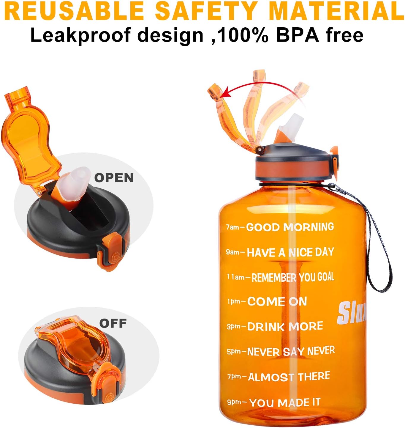 SLUXKE 1 Gallon Motivational Sports Water Bottle with Time Marker, BPA Free 128oz Leak Proof Jug, Black, Plastic, 128 ounces, Fitness, Sports, Outdoor Activities - Image 4