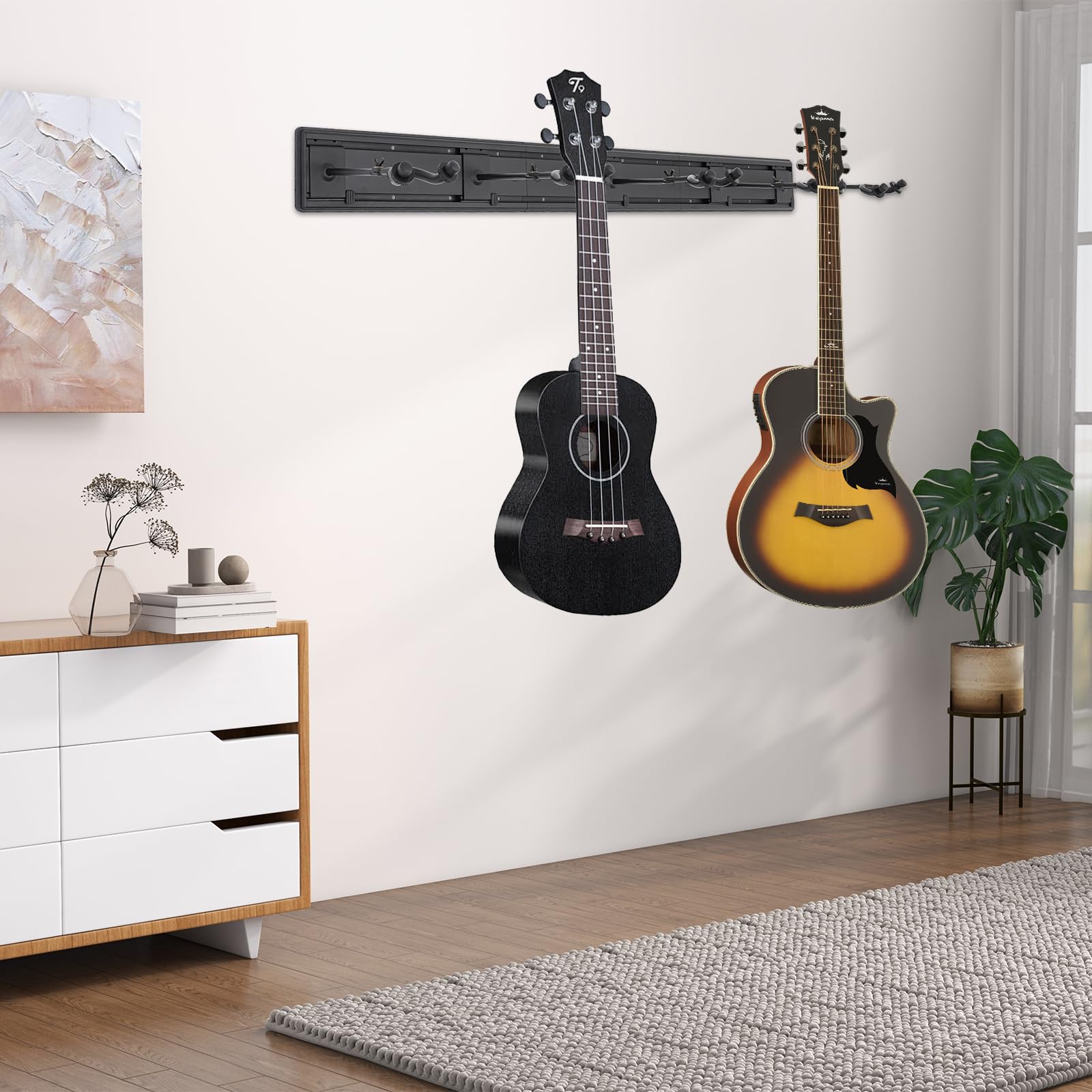 5 soportes para guitarra, soporte de pared para guitarra, soporte de bajo, ángulo de gancho ajustable 180°, para dormitorio, sala de estar y sala de música, 130 x 12 cm