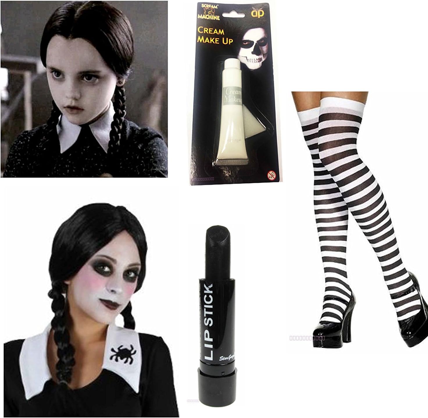 Wednesday Addams Costume Plait Wig Black White Socks Paint Lipstick Halloween