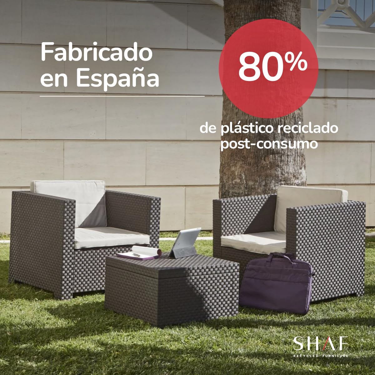 SP Berner - Set de Muebles de Jardín y Terraza Diva Tete a Tete Color Wengue - 2 Sillones y Mesa de Centro con Almacenaje - Fabricado en España con Plástico Reciclado