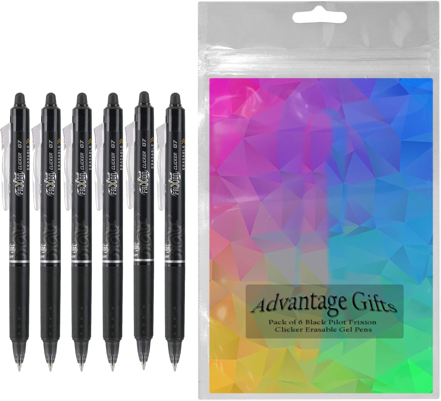 Advantage Gifts Frixion Clicker Retractable Erasable Gel Pens Fine Point (.7mm) Black Ink 6-pk; Bundle with Plastic Reusable Pouch