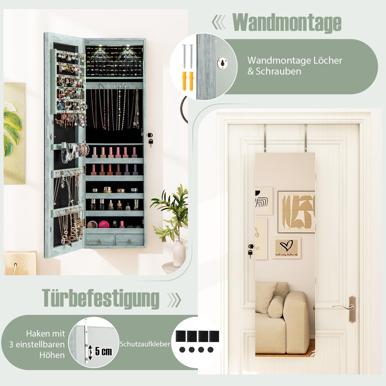 COSTWAY Sieradenkast met ledspiegel, sieradenrek afsluitbaar met