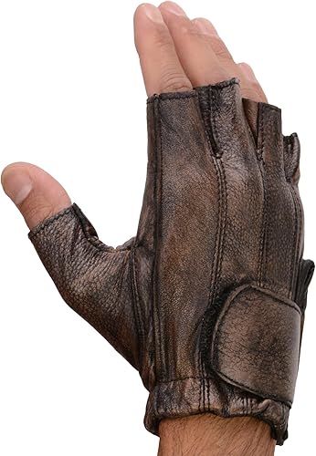 Miniatura 4 de Milwaukee Leather MG7561 - Guantes de mano de motocicleta para hombre, color marrón, de cuero, acolchados, sin dedos, hechos con piel desnuda