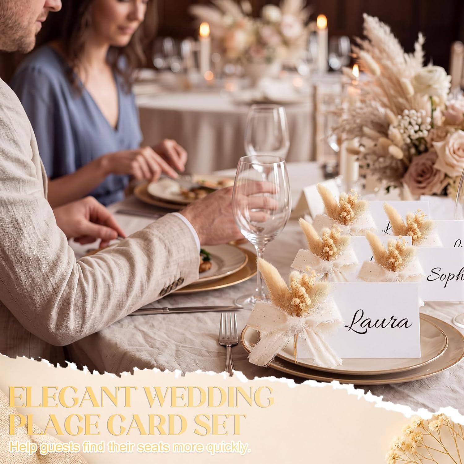 50 Pack Place Cards for Wedding with Boho Gypsophila Bunny Tail Grass Chiffon Ribbon Farmhouse Name Place Cards for Table Setting Dinner Beach Wedding Farm Engagement Party Supplies