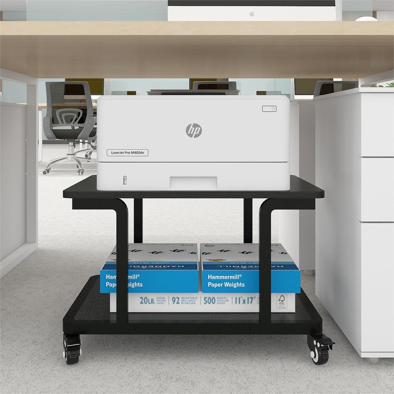 PUNCIA Mesa para Impresora de 2 Niveles con Ruedas 60 x 50 cm Soporte para Impresora Móvil de Madera y Metal con Estante de Almacenamiento para Oficina Hogar Escuela Negro