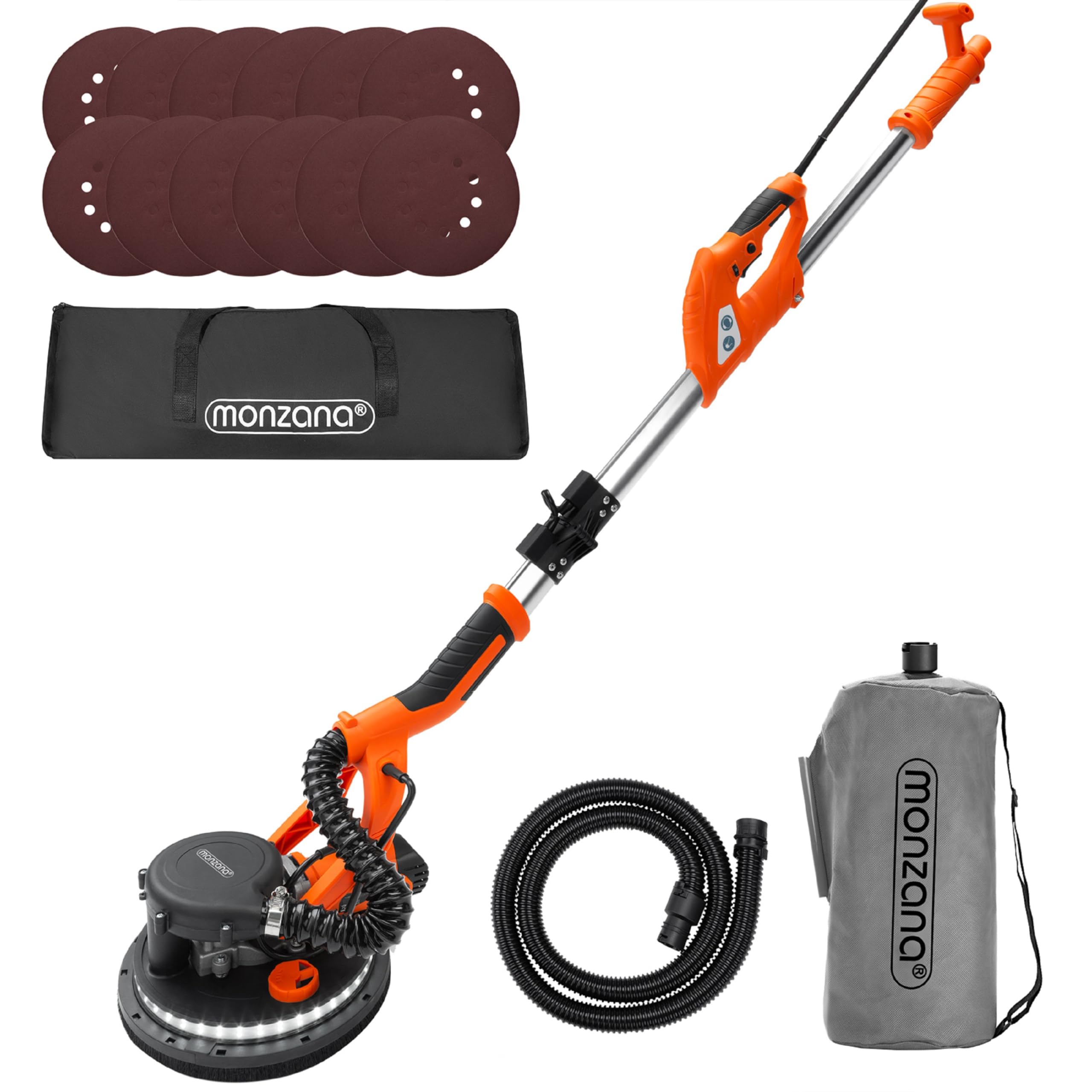 MONZANA® Ponceuse girafe avec aspirateur 750W max. 1750 tr/min 12x disques abrasifs 80 LED polisseuse meuleuse plafond mur manche télescopique
