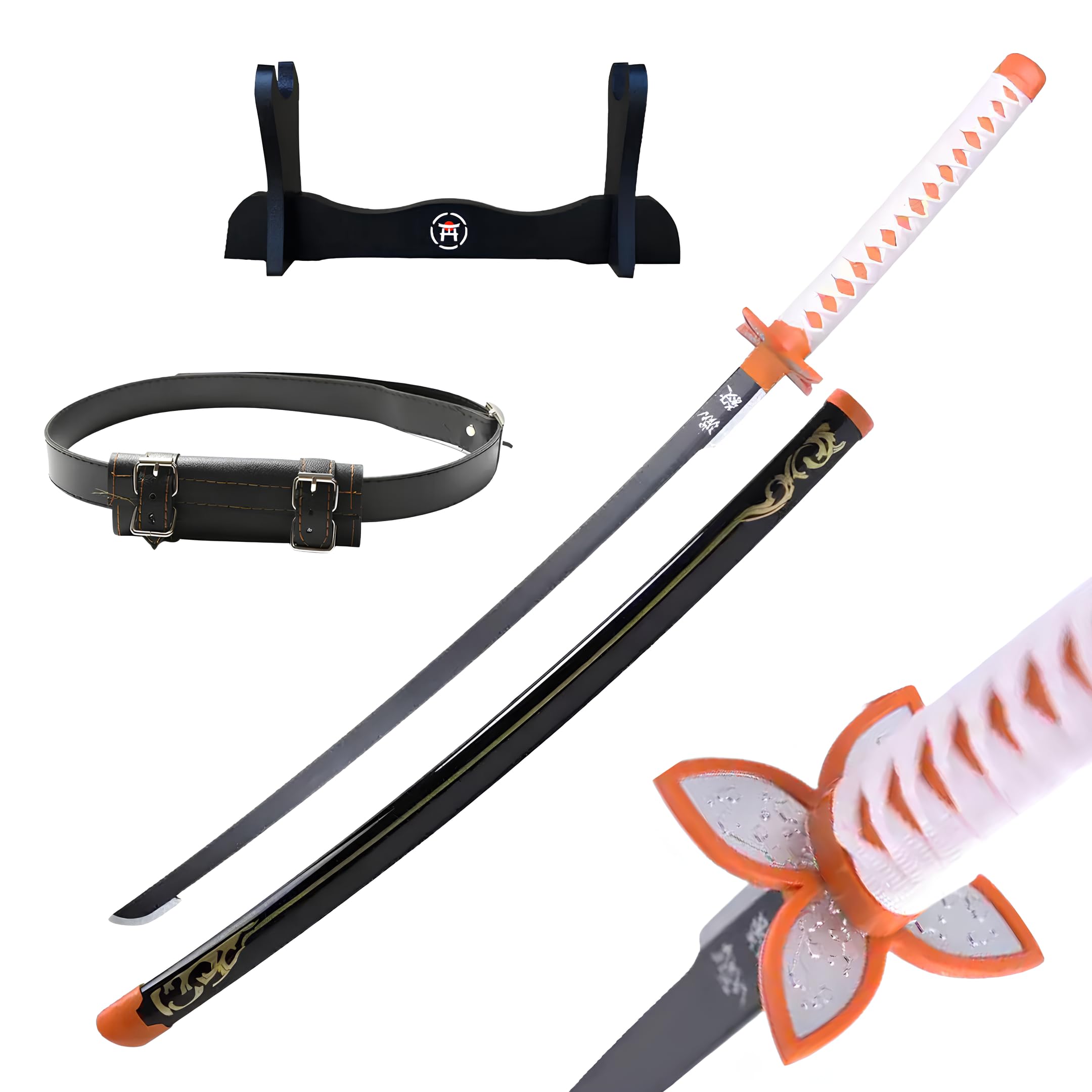 Katana Demon - Réplique Manga Sabre + Support Epée Bois + Ceinture - Catana Japonais Cosplay Décoration Jouet Enfant Adulte - Jeu Déguisement Deco Ninja (Shinobu)