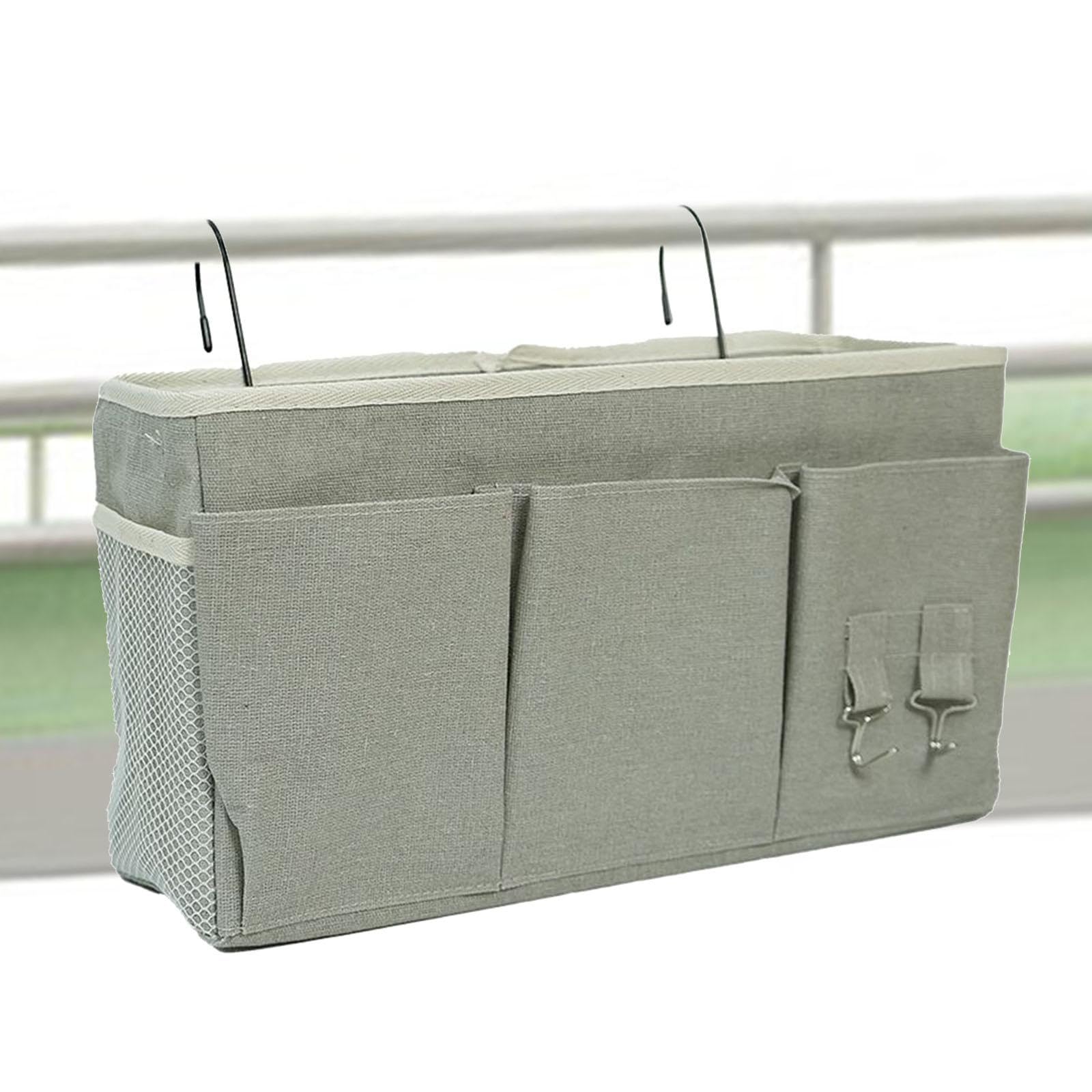 Qianly Bedside Organizer Bett Hängekorb Aufbewahrungstasche Organizer Stoff Leinen mit Taschen Funktion für Studentenwohnheim Schlafbereich Büro Zuhause, Grau