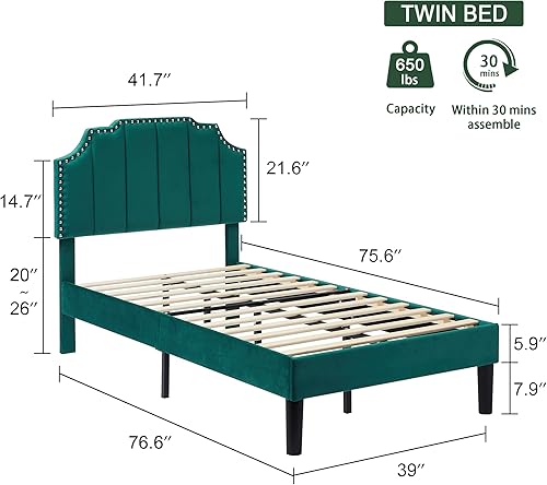 Miniatura 74 de VECELO Base de cama tamaño Queen tapizada con cabecera ajustable copetuda/base de colchón con soporte de listones de madera, fácil montaje, azul