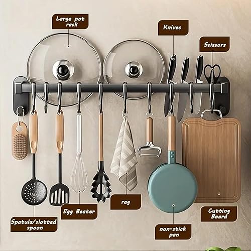 Miniatura 2 de AmoiChic - Estante adhesivo para ollas montado en la pared, para cocina, tapa desmontable, organizador de utensilios con 6 ganchos para cocina,