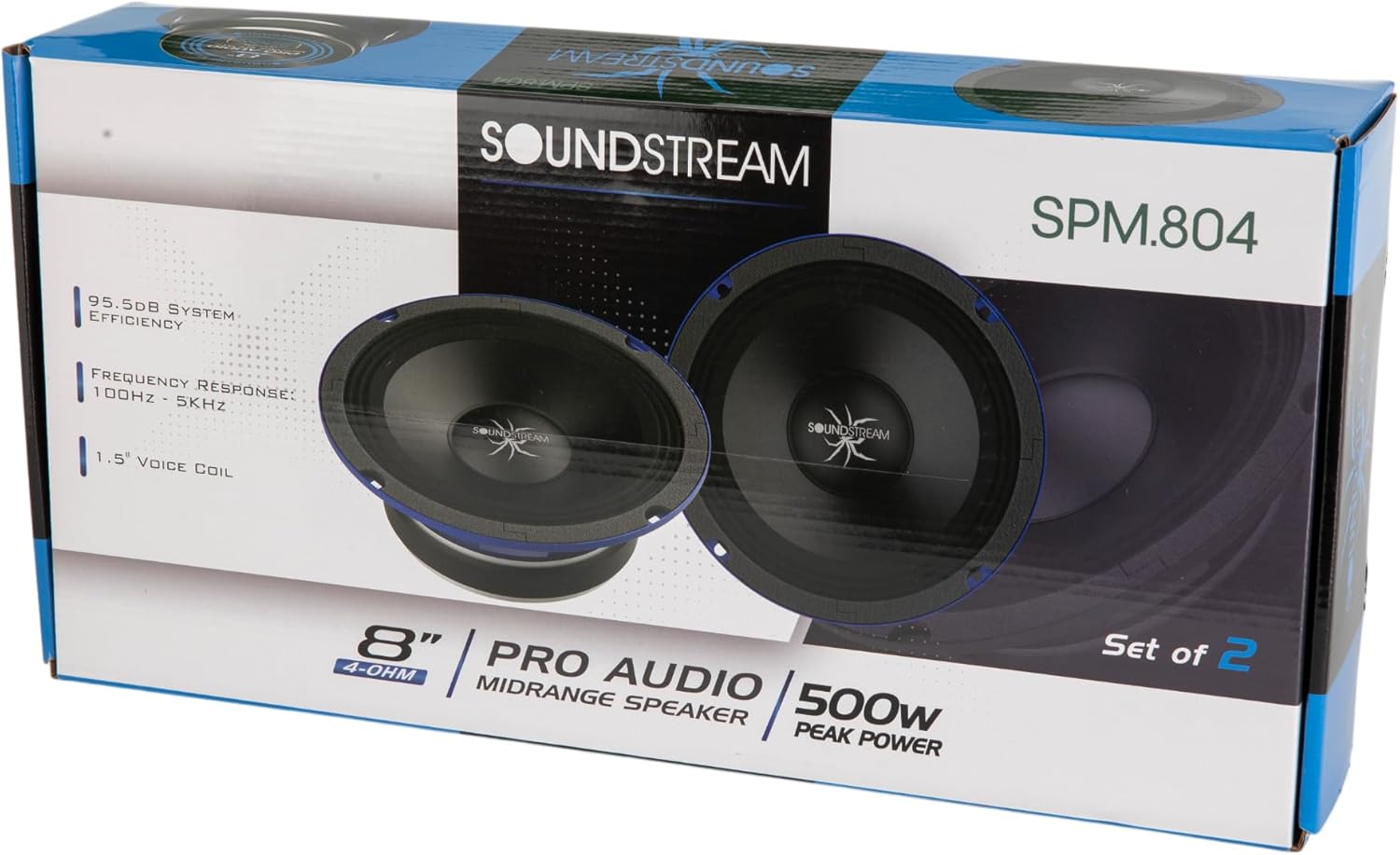 Product packaging for the Soundstream SPM.804 speakers